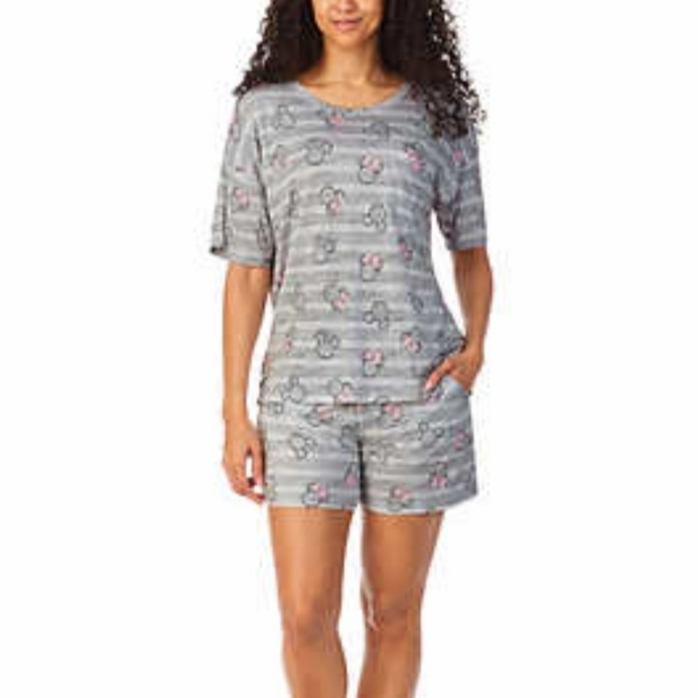 Disney Minnie Mouse Pajama Lounge Set Gray Top Shorts Pockets Comfort